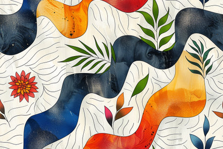 Bold orange hibiscus blooms contrast with serene blue leaves in a floral seamless pattern.の素材