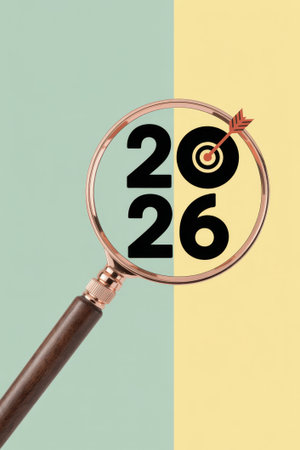 This minimalist design showcases a retro magnifying glass highlighting the year 2026 with a target symbol. The background is split into soft colors, creating a unique look.の素材