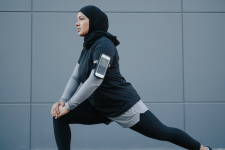 A woman in fitness attire is stretching her legs outside. She wears a headscarf and an armband for her phone. The background features a gray wall, emphasizing her focused workout routine.の素材