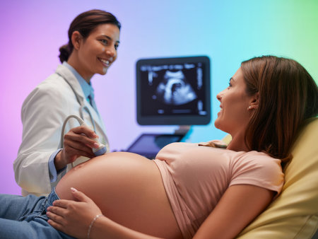 A pregnant woman is relaxing on a couch while a doctor performs an ultrasound. The setting is calm and focused, highlighting the connection between mother and caregiver during this important moment.の素材