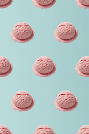 This vibrant pattern showcases smooth scoops of pink strawberry ice cream arranged evenly on a soft blue background, perfect for festive designs and summer themes.の素材