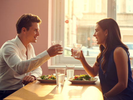 Two coworkers share a light lunch in a cozy cafe. They raise their glasses in a toast while enjoying delicious salads and chatting. Warm light fills the space, creating a friendly atmosphere.の素材
