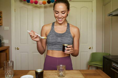 A woman in a bright kitchen smiles as she prepares healthy snacks. She holds a spoon and a jar, ready to create something delicious in the cozy and inviting space.の素材