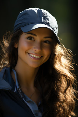 Pretty young woman holding at golf club at sunset created with generative AI technologyの素材