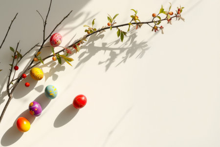 Colorful assortment of decorated eggs and sprouting flowers heralding the joy of Easterの素材