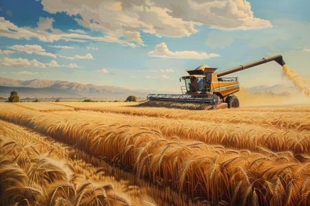 Huge combine harvester glides through a golden wheat field, collecting ripe crops and storing the grain under the sunny skyの素材