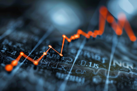 Bright orange line graph representing financial security and stability is displayed on a grid, showcasing market growth against a blue, bokeh-filled backgroundの素材