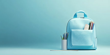 The bright blue backpack, filled with school supplies, is positioned next to a cup of vibrant pencils on a serene blue background.の素材