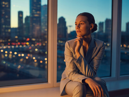 A businesswoman in an elegant suit sits thoughtfully by a large window, observing the city skyline at dusk. The vibrant lights of the skyline create a dynamic atmosphere.の素材