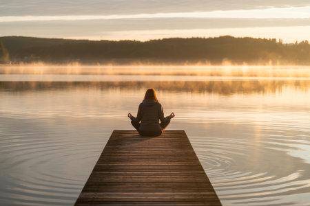 A woman sits in a meditative pose on a wooden dock, overlooking a peaceful lake at sunrise. Mist rises from the water, creating a serene and tranquil setting.の素材