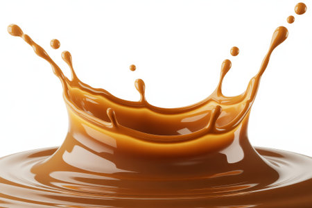 A rich caramel splash erupts from a surface, showcasing dynamic droplets and ripples. The scene highlights the glossy texture and warm color, creating a visually striking moment of motion.の素材