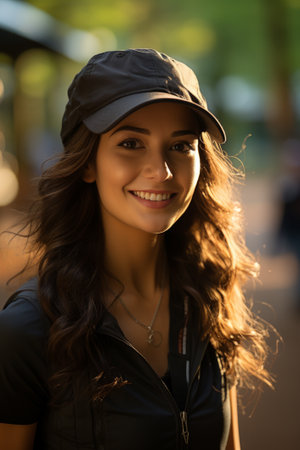 Pretty young woman holding at golf club at sunset created with generative AI technologyの素材