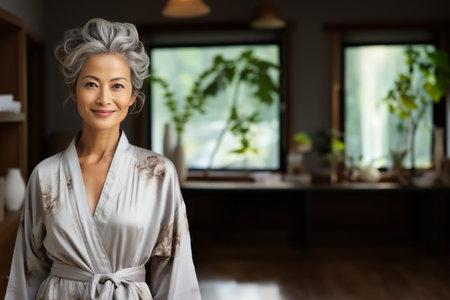 Mature Asian woman with grey hair and a robe created with generative AI technologyの素材