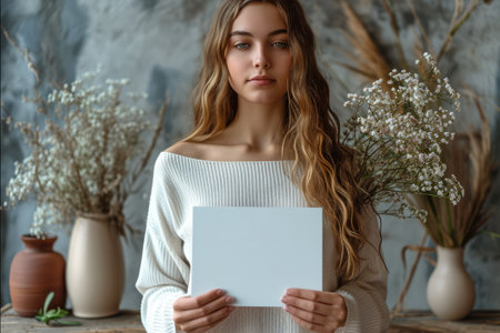 A young woman stands gracefully in a rustic room, her calm gaze captivating the viewer as she holds a blank sign, inviting endless possibilities.の素材