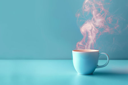 A blue cup emits pink steam, creating a soothing ambiance against a pastel blue backdrop, evoking a calm and tranquil atmosphere.の素材