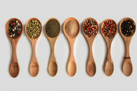 An overhead view of six wooden spoons, each filled with a different spice, showcasing the vibrant colors and textures of a chefs essential ingredientsの素材
