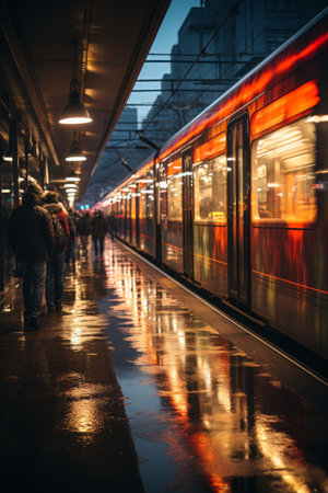 Subway station with passengers on a rainy day, created with a generative AIの素材