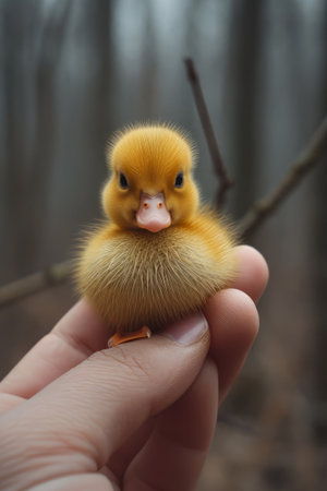 Tiny duckling, curled up and seemingly asleep in the supportive cradle of a persons hand, contrasting the softness of life with the stark background. created with generative AI technologyの素材