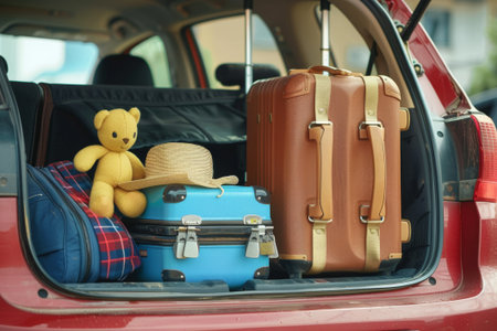 A teddy bear, suitcases, and a straw hat ready for adventure in a cars trunk.の素材