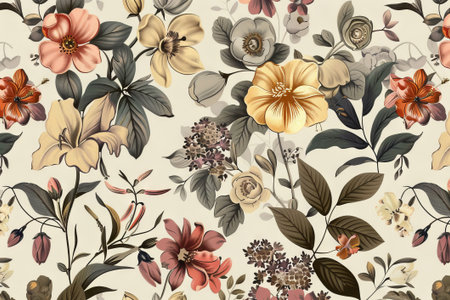 A seamless pattern showcasing an array of vintage botanical illustrations with flowers and leaves in warm, muted hues, exuding a charming, timeless elegance.の素材