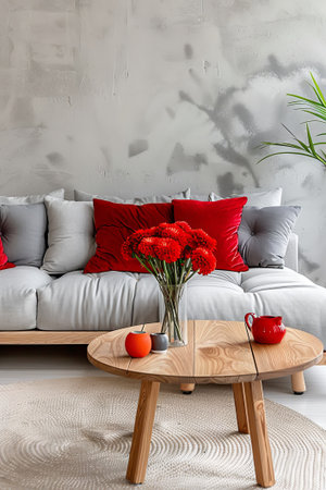 A warm-toned living room showcases a cozy grey sofa with red pillows, wooden table, and stucco walls.の素材