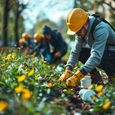 A dedicated team works together to remove litter from a lush forest floor as the golden hour light filters through the trees.の素材