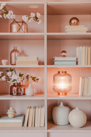 A beautifully arranged bookshelf showcases blush pink accents, decorative vases, and books, adding a stylish flair to the cozy living space.の素材