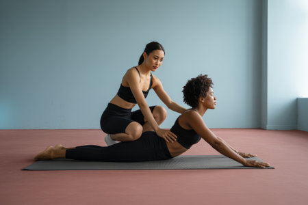 An asian female personal trainer assists her client with a yoga stretch in a light blue indoor space. The trainer demonstrates care and focus during the session, promoting wellness.の素材