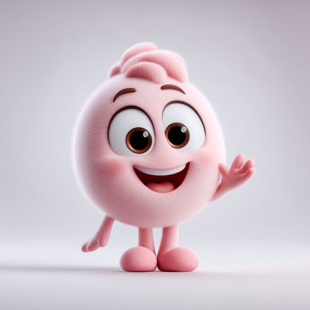A delightful pink character with big eyes and a friendly smile waves happily, radiating joy and warmth in a playful setting.の素材