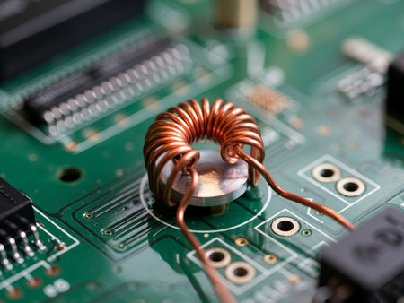 This macro shot captures a copper Y inductor sitting on a printed circuit board. The intricate design highlights its winding shape and connection points against the green background.の素材