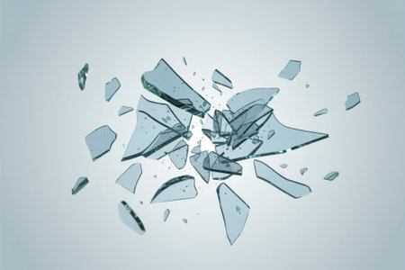 Glass shards are captured in slow motion as they break apart, creating a dramatic visual display of clear fragments scattered in the air. The scene is vibrant and detailed, emphasizing movement.の素材