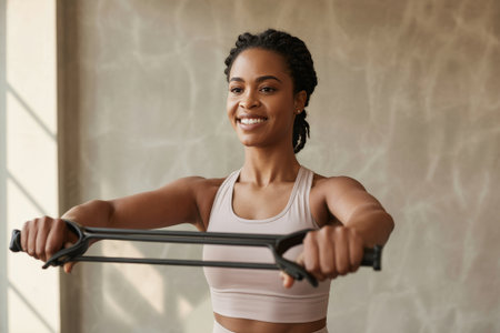 An athletic black woman engages in strength training using resistance bands in a well-lit gym. She focuses on her workout, showcasing determination and fitness in her expression.の素材