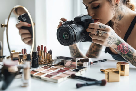 Makeup artist with tattoos focuses on capturing lipstick and eye shadow details, surrounded by tools and elegant products in a bright setting.の素材