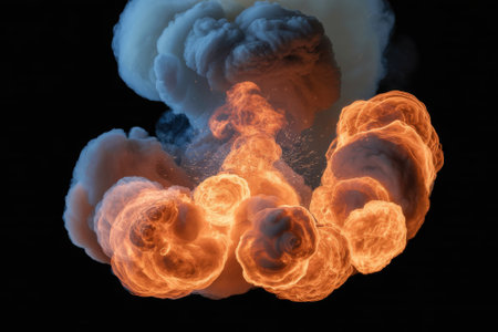 Flames explode with vivid orange colors, surrounded by dense smoke billowing in various shades. The scene captures a dramatic moment of fire in the dark with dynamic energy.の素材