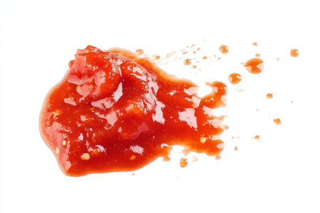 A gradual dispersal of tangy tomato sauce forms a captivating splash against a clean white backdrop, exuding culinary artistry and flavor.の素材