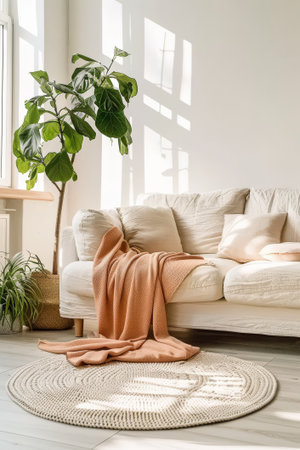 Morning sun filters through a window, casting a warm glow on a cozy sofa draped in a peach blanket, framed by lush plants and a round rug.の素材