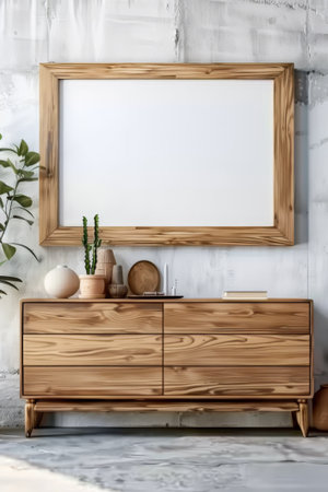 A wooden cabinet stands before a concrete wall, flanked by vases, under an inviting blank canvas.の素材