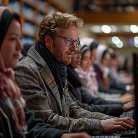 In a warmly lit library, a row of individuals is deeply focused on their laptops. The diverse group includes men and women, some wearing headscarves, all engrossed in their individual tasks. They appear to be students or researchers taking advantage of the quiet environment for studying or workの素材