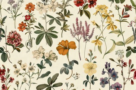 A seamless pattern showcasing an array of vintage botanical illustrations with flowers and leaves in warm, muted hues, exuding a charming, timeless elegance.の素材