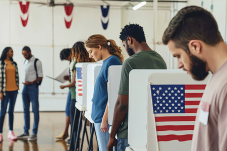 Residents patiently stand in line to cast their votes at a polling station adorned with American flags.の素材