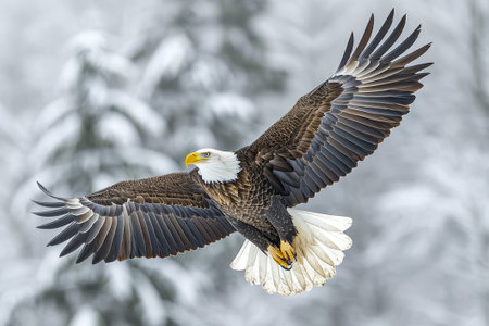 Essence of freedom, as a majestic bald eagle glides with outstretched wings against a soft, blurred backdrop of winter trees. created with generative AI technologyの素材