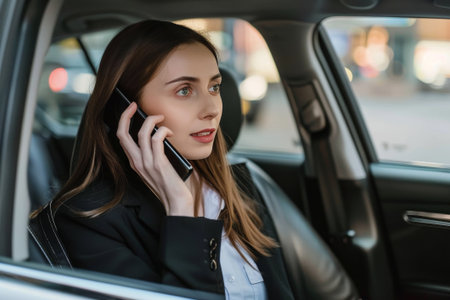 A focused businesswoman is engrossed in a phone conversation while seated in her vehicle.の素材