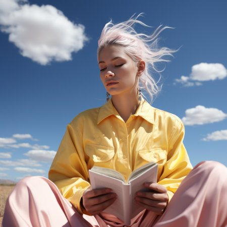 Portrait of a young pretty woman, sitting outdoor, reading book and  enjoying her vacation on sunny day, created with generative AIの素材