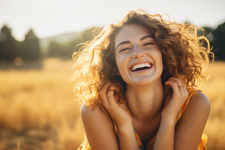 Pretty young woman laughing in a field of wheat created with generative AI technologyの素材