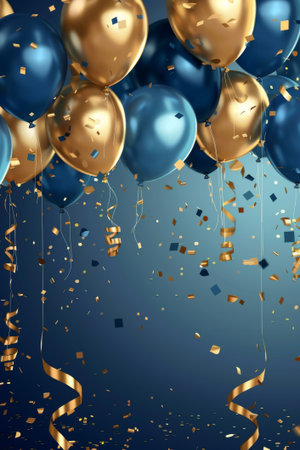 Golden and blue balloons rise against a dark, festive backdrop, surrounded by a flurry of confetti and curling ribbons, evoking joy.の素材