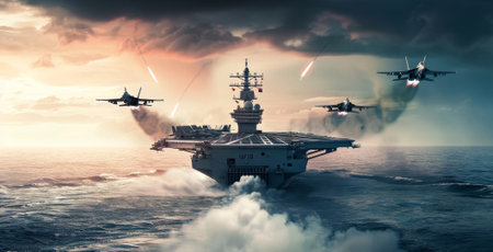 Fighter jets soar from an aircraft carrier amid warzone chaos, while smoke billows and the sea churns ominously.の素材