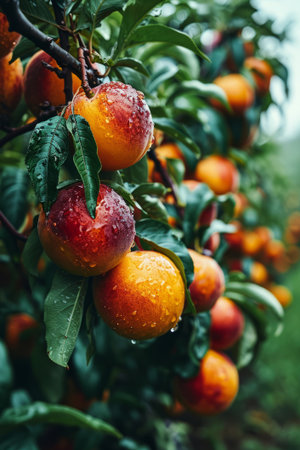 Dew covered nectarines bask in the soft morning glow, fresh and ripe, ready for harvest in a tranquil orchard created with generative AI technologyの素材