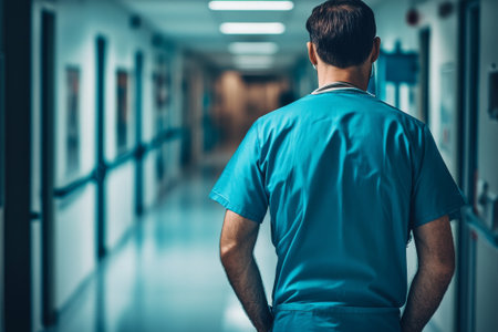 A dedicated healthcare worker pauses in a dimly lit hospital hallway, contemplating responsibilities and patient well-being during a quiet moment.の素材