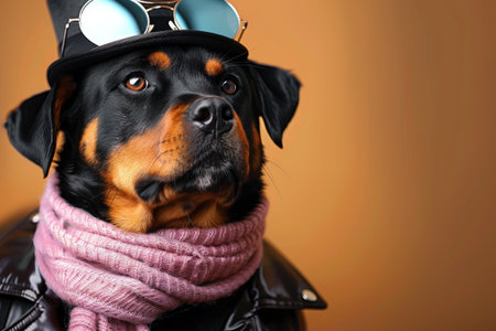 stylish Rottweiler puppy dons a sparkly top hat and purple scarf, exuding elegance against a vibrant backdrop, perfect for a high-end fashion advertisementの素材