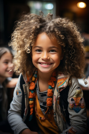 A smiling child with curly hair created with generative AI technologyの素材